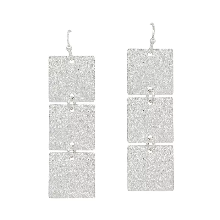 3 Square Silver Satin Textured Metal 1.5" Earring