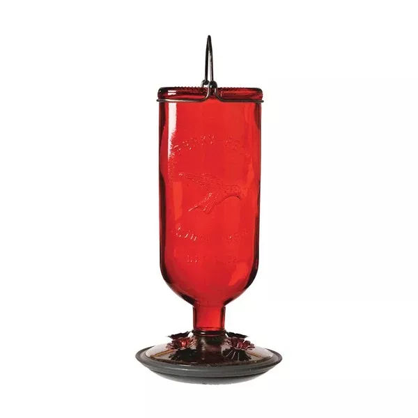 Antique Style Glass Hummingbird Feeder With Red Base And Bottle Design