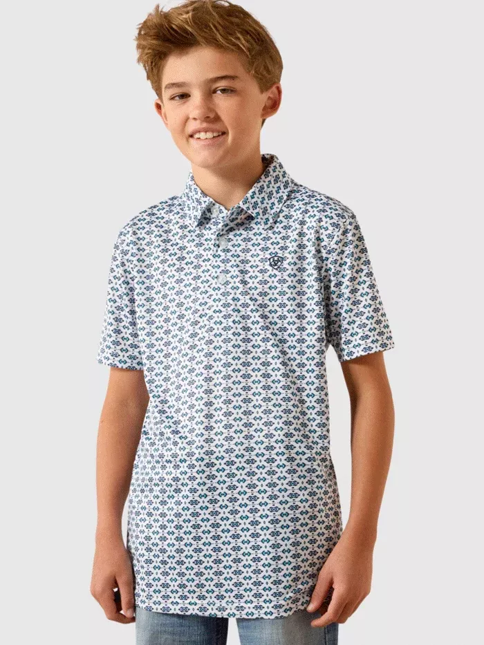 Ariat Boy's All Over Print Polo White Southwest Triangle - 10073489
