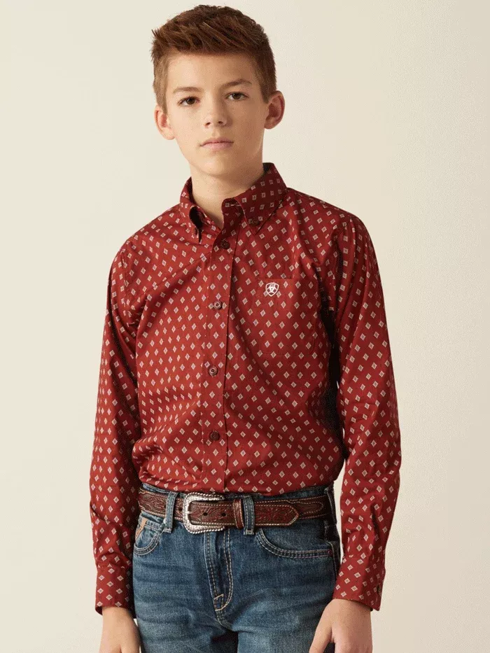 Ariat boys pax long sleeve shirt burgundy - 10054071