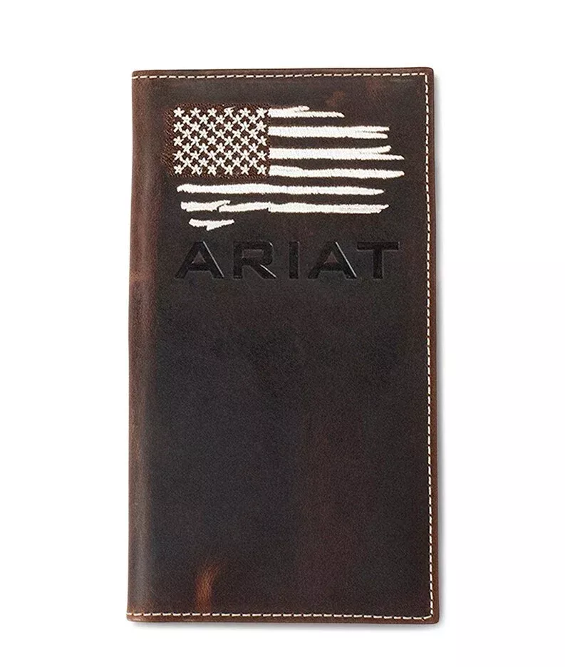 ARIAT Men's Dark Brown Smooth Leather Rodeo Wallet USA Flag