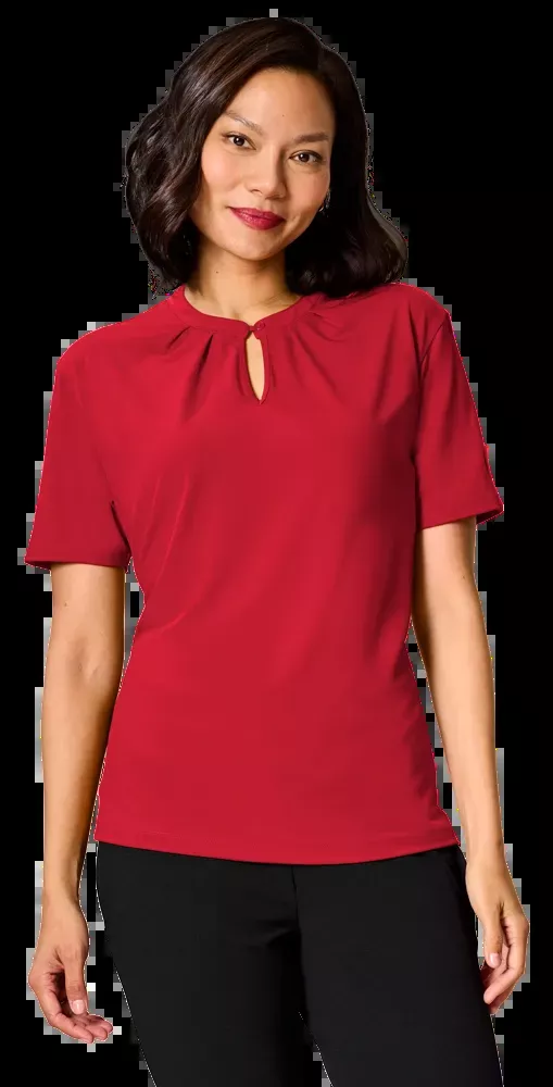 Blue Generation Ladies’ Matte Jersey Keyhole Neckline Short Sleeve Blouse-BG6012