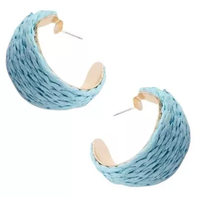 Blue Raffia 1" Hoop Earrings