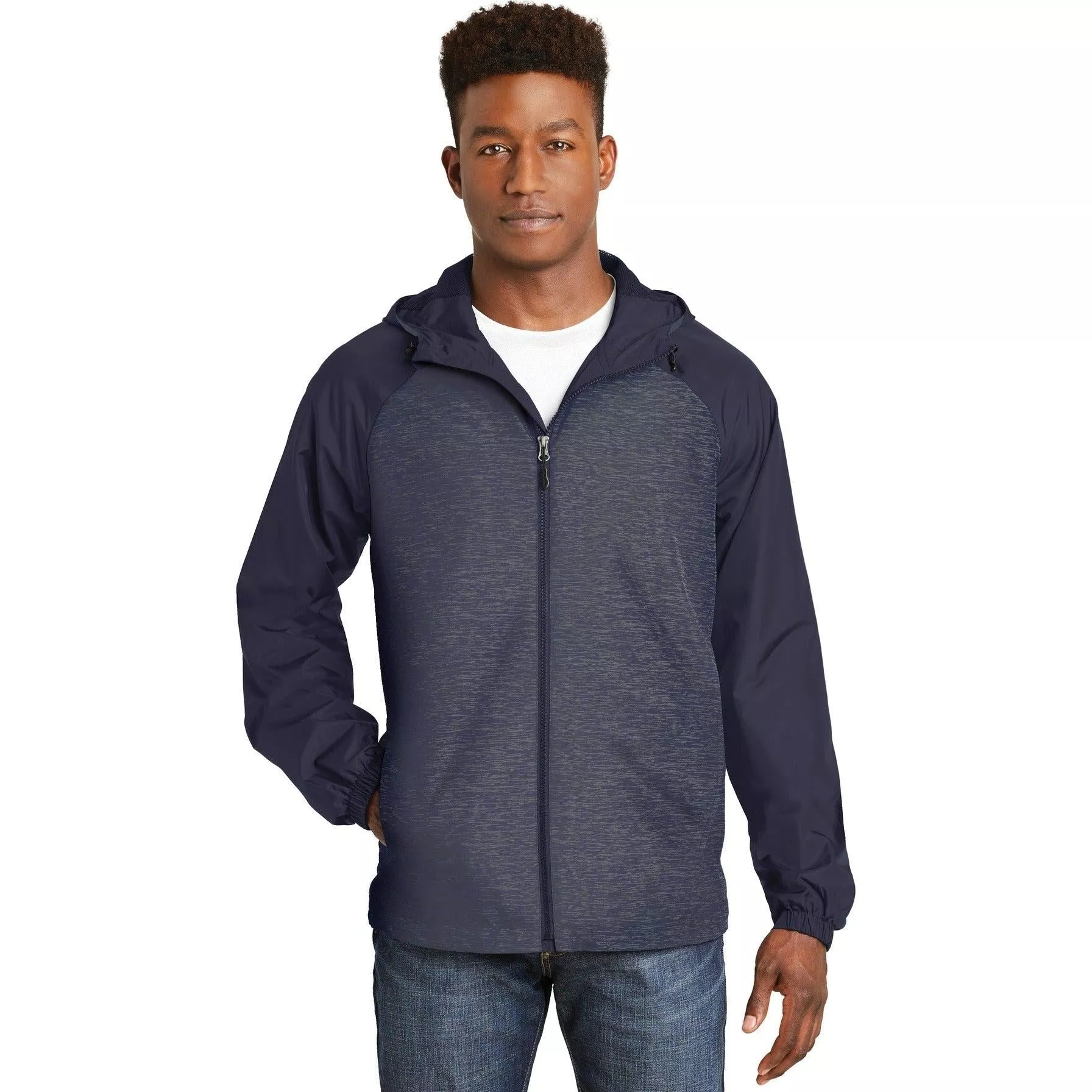 CLOSEOUT - Sport-Tek Heather Colorblock Raglan Hooded Wind Jacket