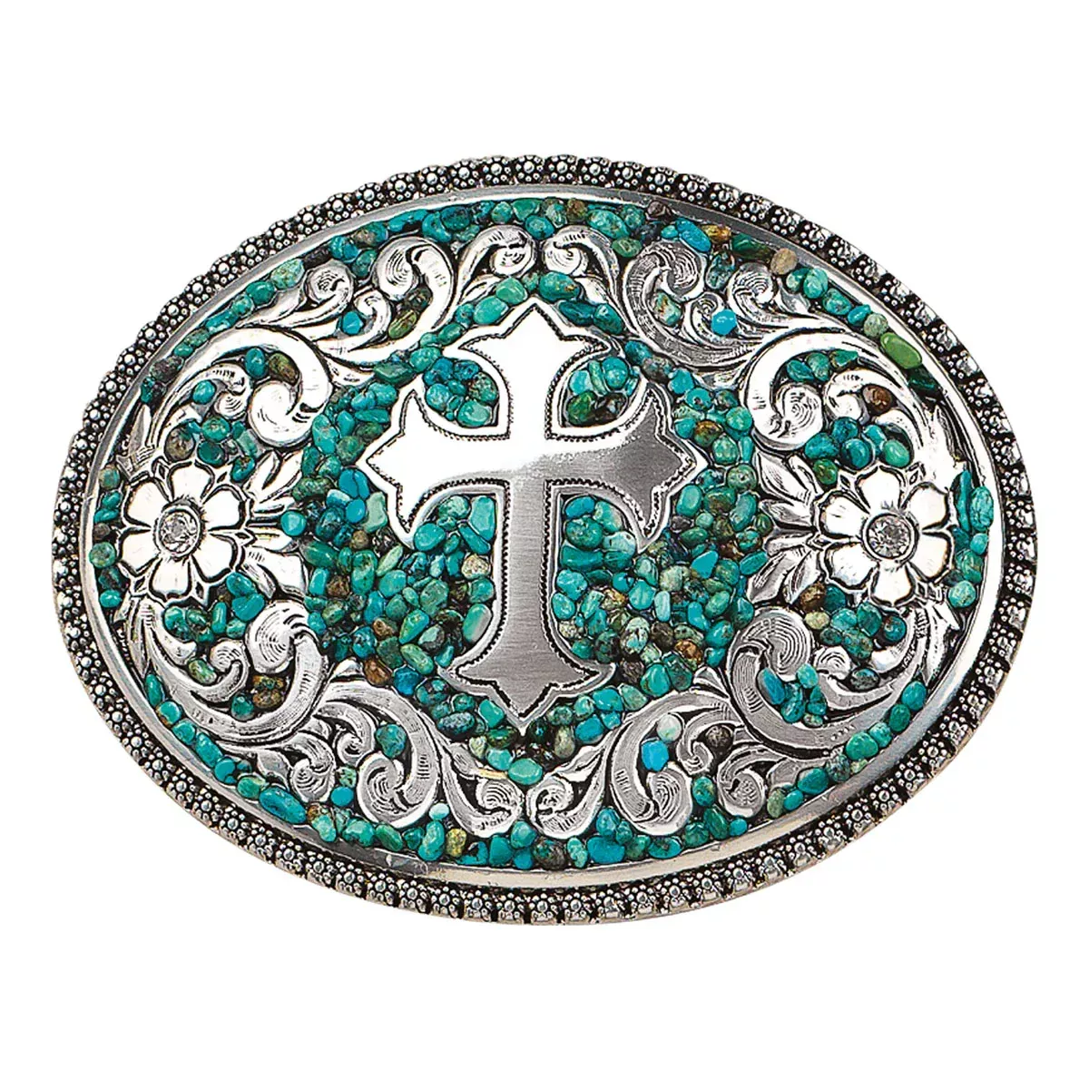 OVAL BUCKLE TURQ STONE W/CROSS