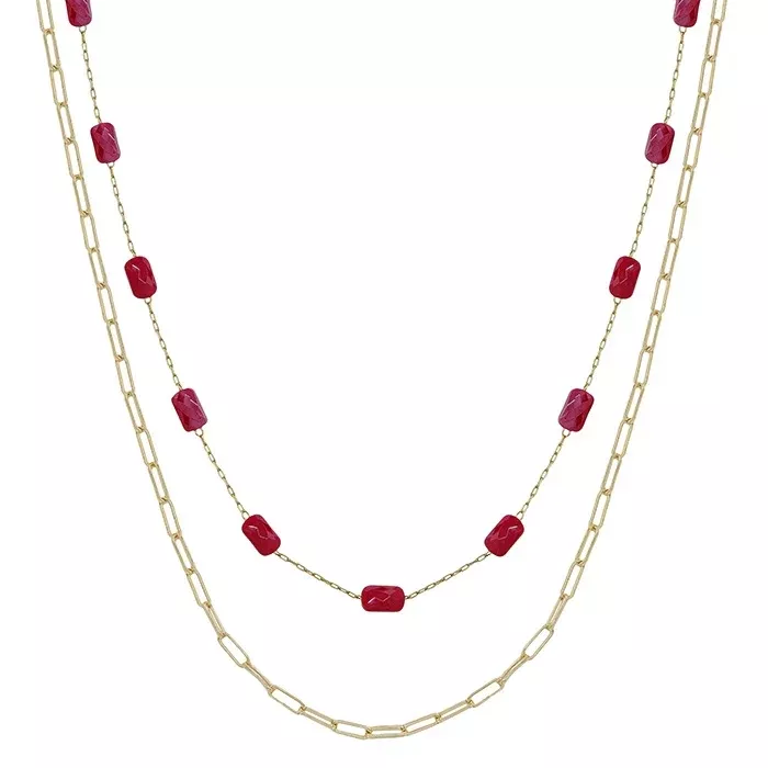 Red Beaded and Gold Double Layered16"-18" Necklace