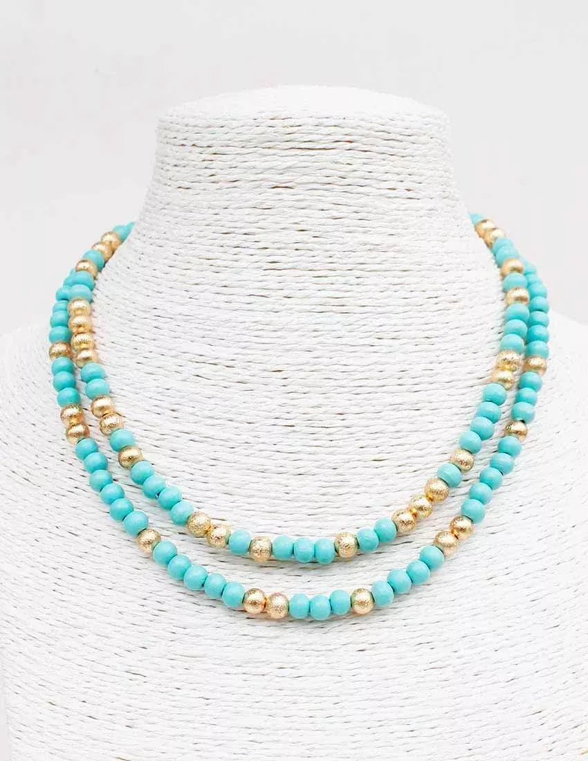 Teal Wood and Textured Gold Beaded Two Layered 16"-18" Necklace