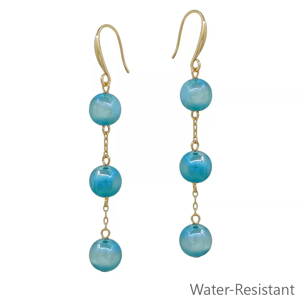 Triple Drop Blue Candy Beaded and Gold 1.75" Earring