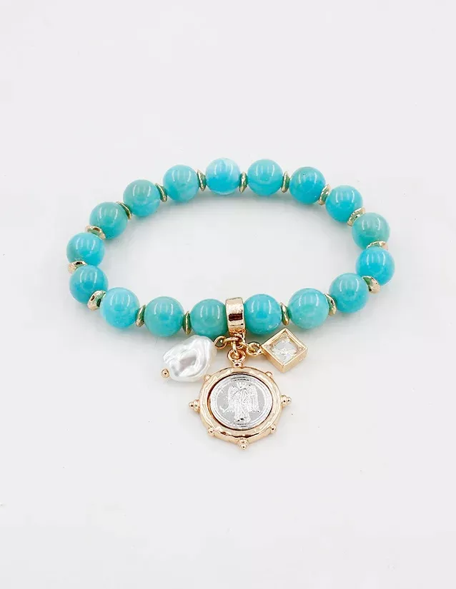 Turquoise Natural Stone Stretch Bracelet with Gold/Silver Coin Charm