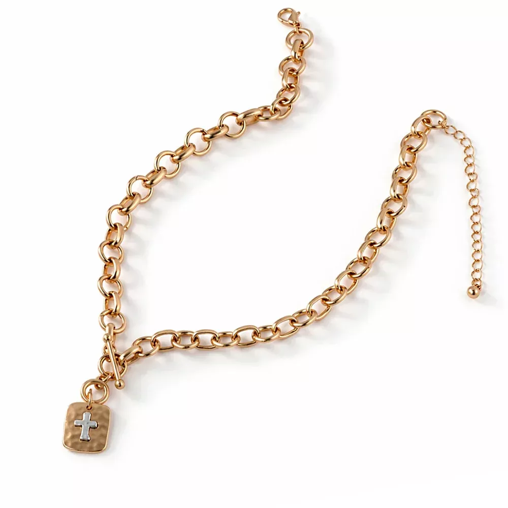 Two Tone Cross Shield 16"-18" Necklace