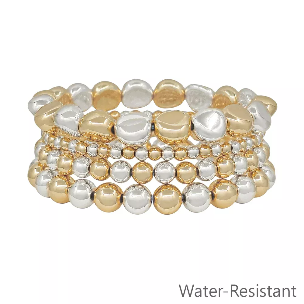 Water resistant Gold and Silver Graduated 4,6,8MM Beaded Set of 4 Stretch Bracelets