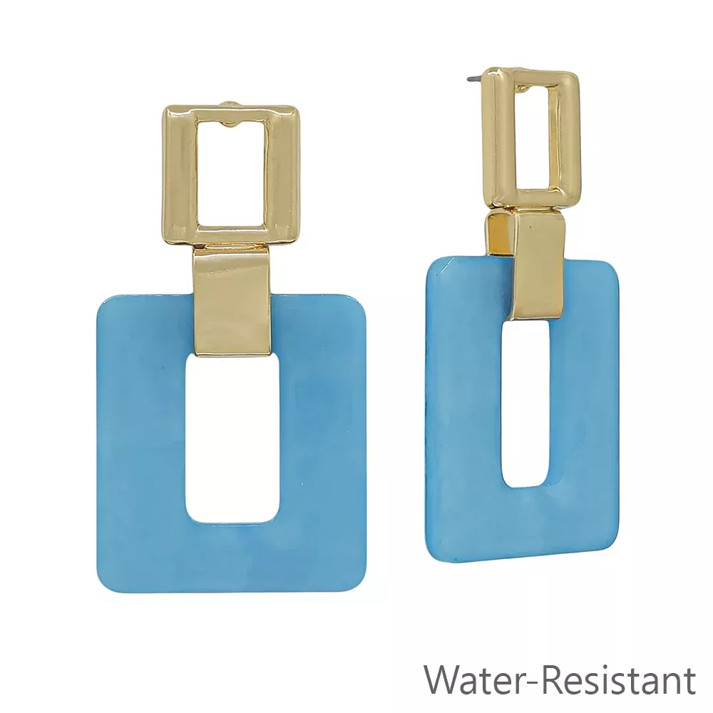 Water resistant Gold with Matte Light Blue Open Square 2" Earring