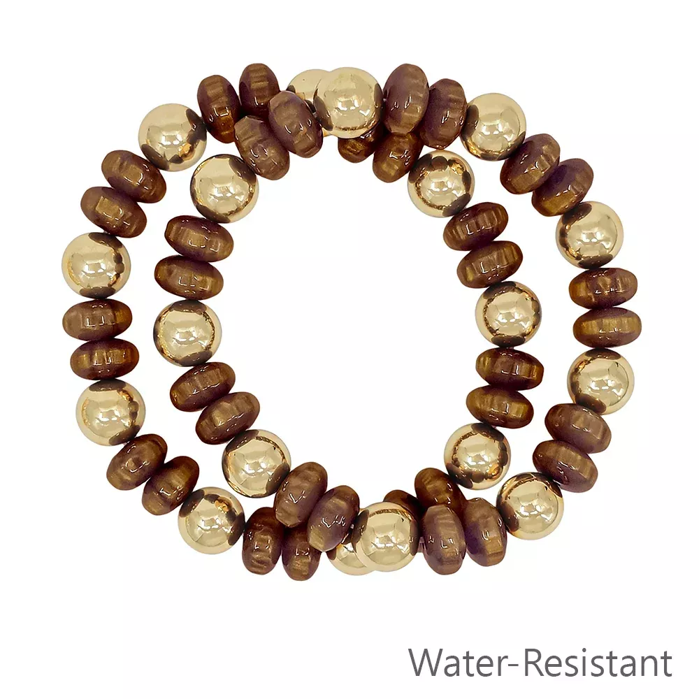 Water resistant Set of 2 Brown and Gold Beaded Stretch Bracelets