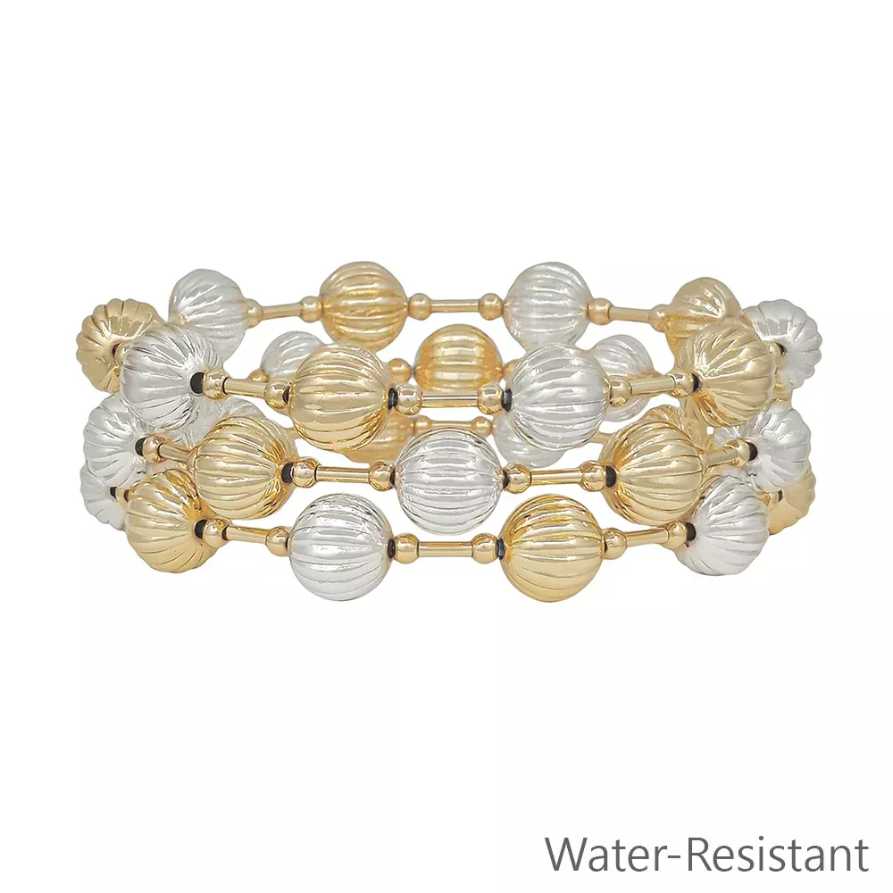 Water resistant Set of 3 10MM Gold and Silver Textured Beaded Stretch Bracelets
