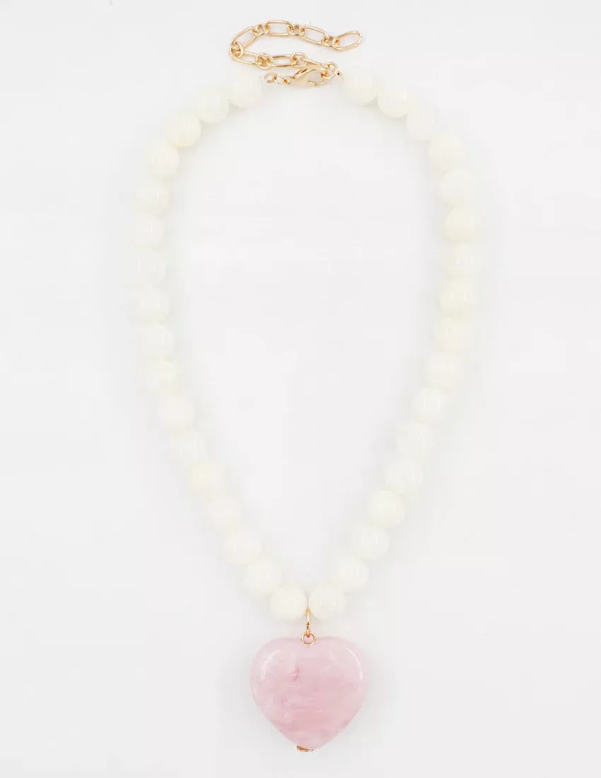 White Stone Circle with Pink Natural Stone Heart Charm 16"-18" Necklace