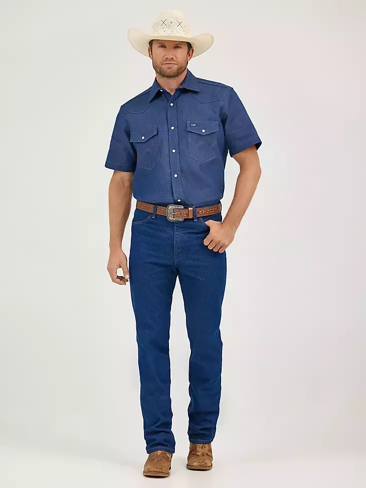 Wrangler Cowboy Cut Firm Finish Denim Short Sleeve Work Western Shirt-MS3127B-Blue Indigo
