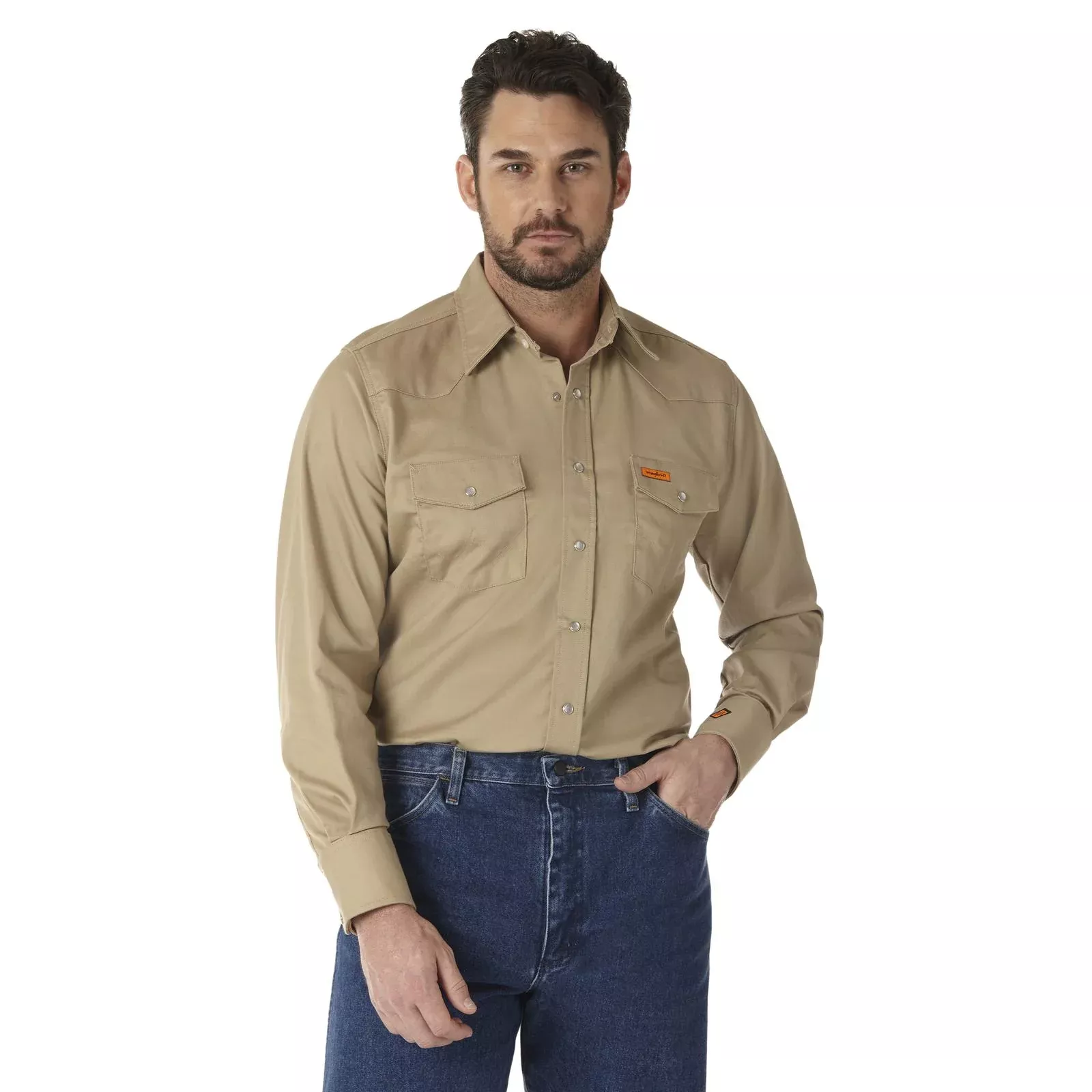 Wrangler FR Flame-Resistant Long Sleeve Western Snap Solid Twill Work Shirt -FR12140 -Khaki