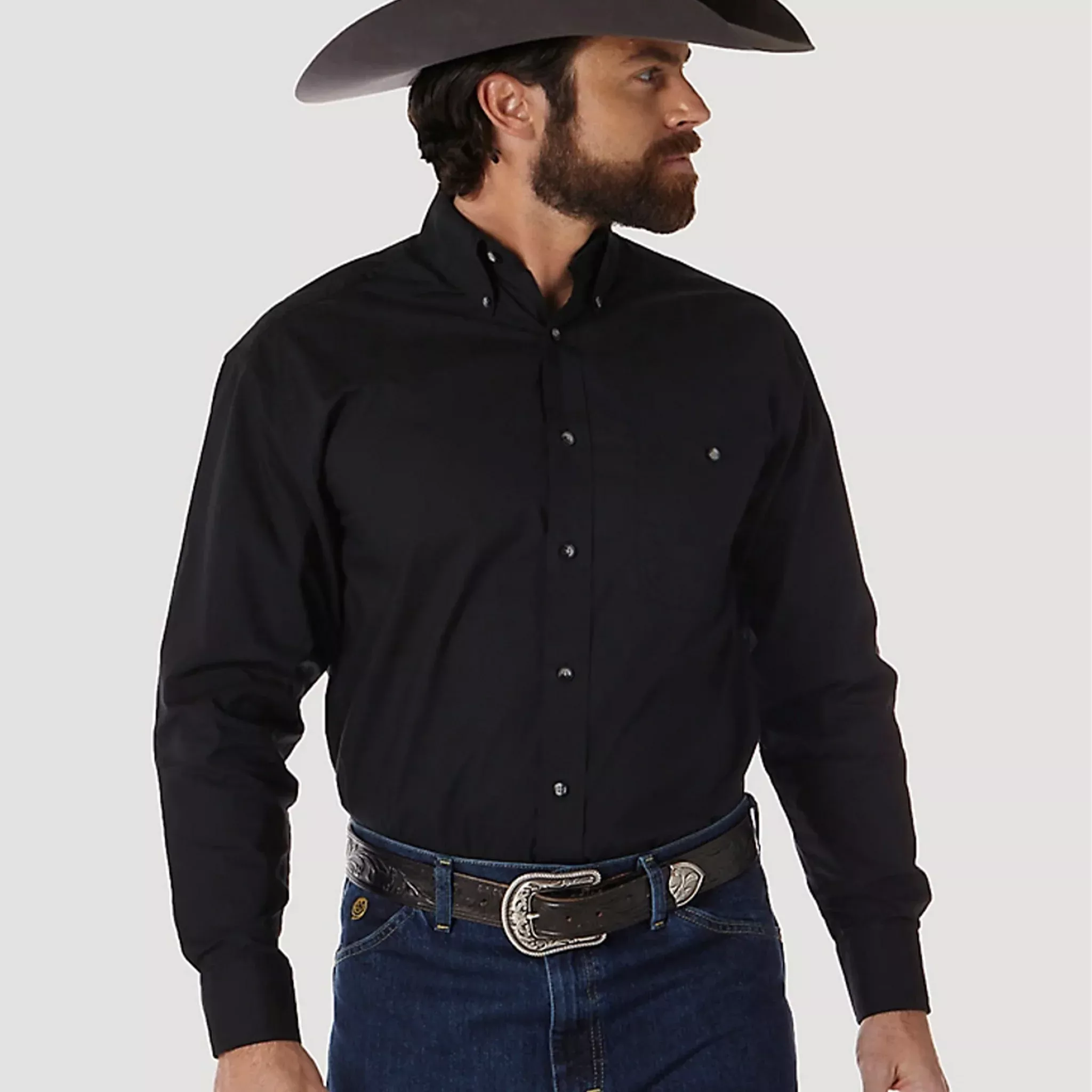 Wrangler Men's George Strait Solid Relaxed Fit Long Sleeve Shirt - Black - 112345802