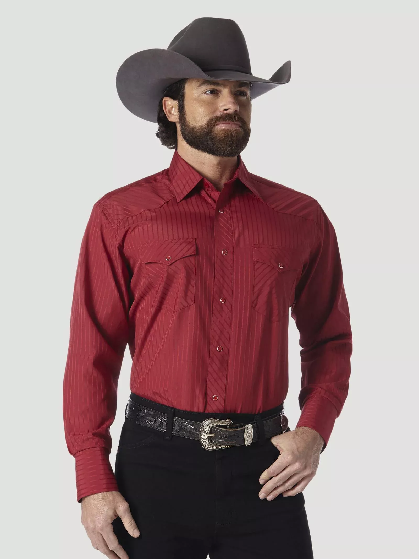 Wrangler Western Long Sleeve Western Snap Dobby Stripe Shirt - Wine - 75740WN